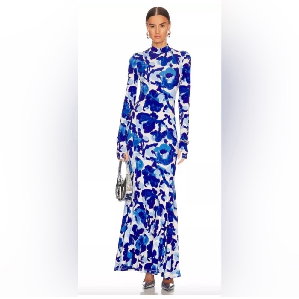 NWT Essentiel Antwerp Blue Dieval Floral Long Sleeve Stretch Jersey Dress